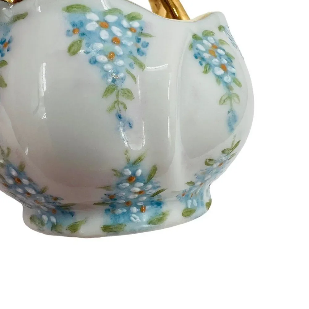 Vintage Hand Painted Blue Floral 24K Gold Small Porcelain/Ceramic Basket